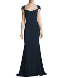 Cap-Sleeve Sweetheart Column Gown, Navy 