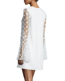 Bell-Sleeve Swiss Dot Cocktail Dress, Creme