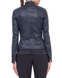 Fitted Stretch-Leather Jacket, Navy