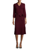 3/4-sleeve ribbed wool wrap dress, midnight wine