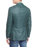 Silk/Cashmere Check Two-Button Jacket w/ Patch Pockets, Green/Navy