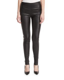 Yoke-Waist Leather Leggings, Black