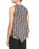 Sleeveless Floral Silk Lace-Up Top, Black/Multicolor