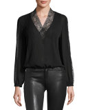 Kaitlyn Long-Sleeve Lace-Trimmed V-Neck Blouse, Black