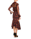 Long-Sleeve Floral-Print Poet Blouse, Red