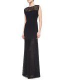 Sleeveless Chevron Lace Gown, Black