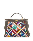 Large Quilted Geometric Peekaboo Satchel Bag, Gray