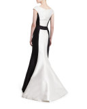Cap-Sleeve Tuxedo Colorblock Gown, Black/White
