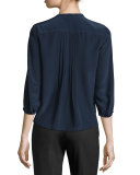 Lace-Up Pintuck Silk Blouse, Navy