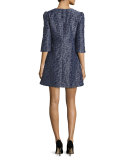 3/4-Sleeve Textured Mini Dress, Navy