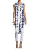 Jordyn Plaid Sleeveless High-Low Tunic, White/Navy/Orchid