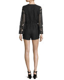 Lace-Up Long-Sleeve Romper, Black