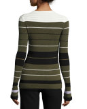 Striped Ribbed Crewneck Pullover Sweater, Olive