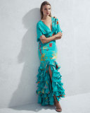 Caribe Floral Ruffled-Hem Dress, Green/Orange