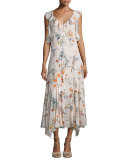 Meadow Sleeveless Floral Silk Midi Dress, Pink Combo
