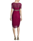 Short-Sleeve Lace Faux-Wrap Illusion Dress 