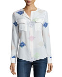 Lynn Floral-Print Long-Sleeve Top, Bright White
