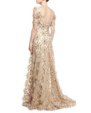 Floral-Appliqué Half-Sleeve Gown, Copper