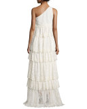 One-Shoulder Tiered Lace Gown, Ecru