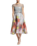 Watercolor Short-Sleeve Backless Dress, Multi Colors