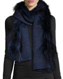 Metallic Fox-Trim Scarf, Navy