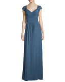Cap-Sleeve Ruched Chiffon Gown