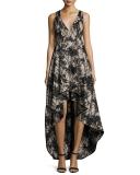 Sleeveless Lace High-Low Cocktail Dress, Black/Sesame