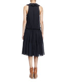 Embroidered Tiered Ruffled Dress, Navy