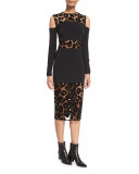 Leopard-Burnout Cold-Shoulder Dress, Black