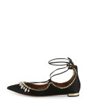 Christy Crystal Lace-Up Pointed-Toe Flat, Black