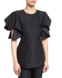 Ruffled Short-Sleeve Peplum Blouse, Black