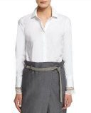 Long-Sleeve Button-Front Blouse, White