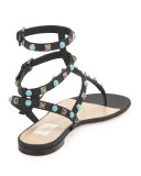 Rockstud Leather Flat Gladiator Sandal, Black/Turquoise/Gold