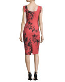 Sleeveless Floral Stretch Crepe Sheath Dress, Red
