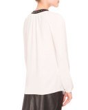 Studded Lace-Up Peasant Blouse, Natural White