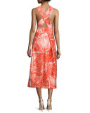 Sleeveless Printed Midi Cocktail Dress, Flame