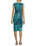 Sleeveless Lace Mosaic-Print Sheath Dress, Turquoise