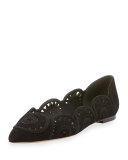 Leyla Laser-Cut Suede Flat, Black