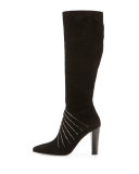Crystal-Embellished Tall Suede Boot, Black (Noir)