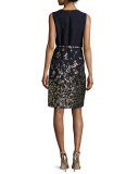 Floral-Embroidered Sleeveless Sheath Dress, Navy/Gold