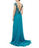 Cap-Sleeve Embroidered Gown, Teal