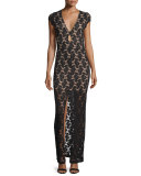 Cap-Sleeve Lace Maxi Dress, Black