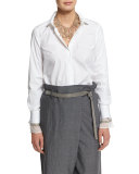 Long-Sleeve Button-Front Blouse, White