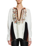 Split-Neck Hand-Embroidered Blouse, Vanilla
