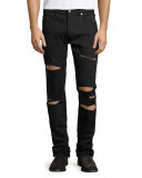 Slashed Straight-Leg Denim Jeans, Black
