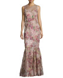 Sleeveless Floral Illusion Mermaid Gown, Red/Pink