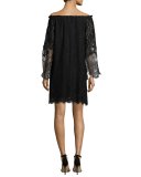 Off-the-Shoulder Floral Lace Shift Dress, Black