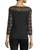 Lace 3/4-Sleeve Boat-Neck Blouse, Black