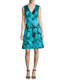 Sleeveless V-Neck Ikat Dress, Green/Multi