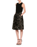 Mid-Rise Printed Full Skirt, Black